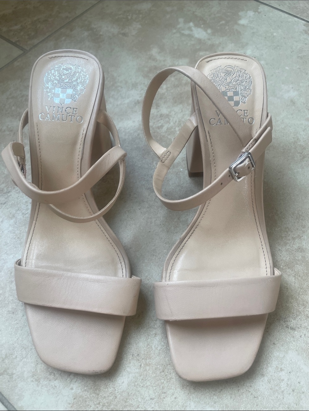 Vince Camuto Beige Strappy Square-Toe Block Heel Sandals